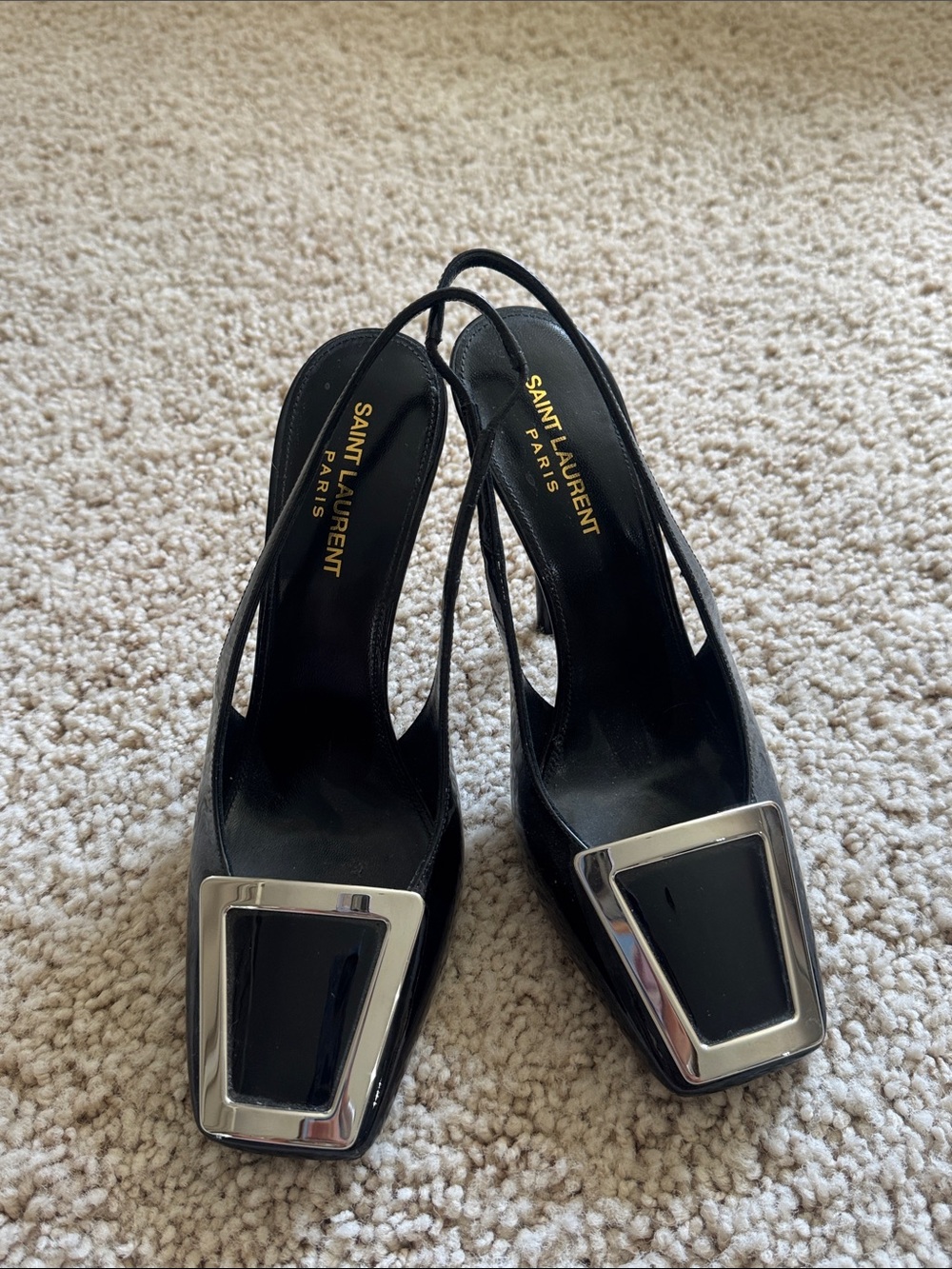 Saint Laurent Black Leather Slingback Pumps with Silver Square Toe Hardware - Picture 1 of 3